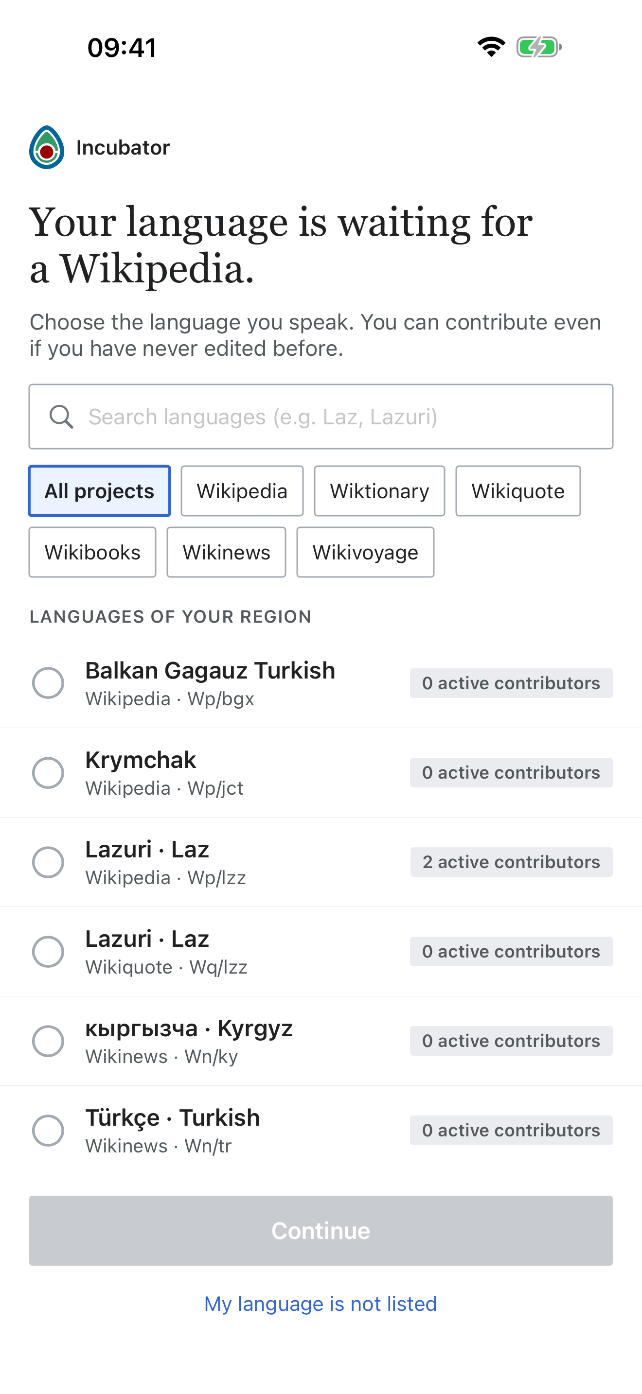 Language picker: the search field holds a language code, Wikipedia is chosen among the sister projects and the Laz Wikipedia is selected.