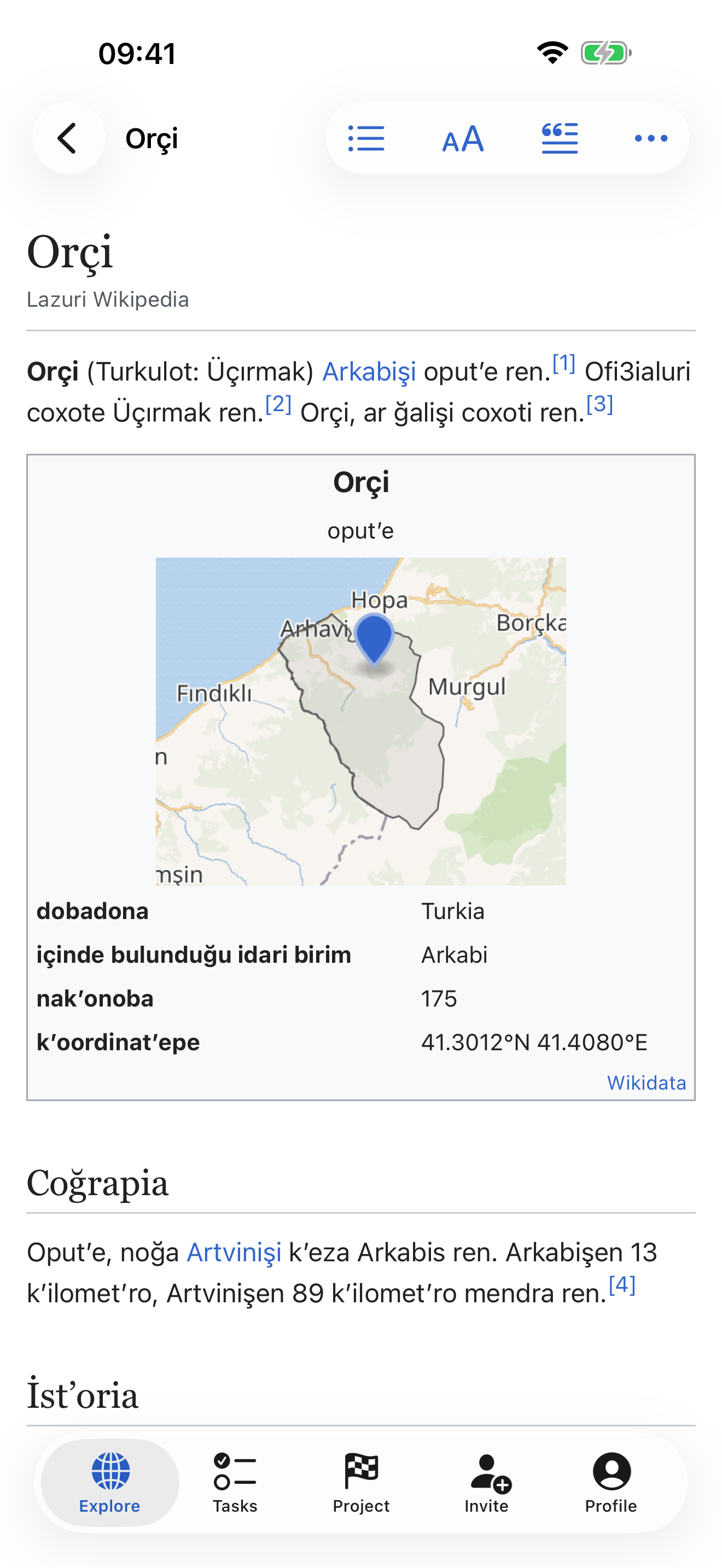 Reading the page about the village of Orçi on the Laz Wikipedia, with an infobox filled from Wikidata and a map.