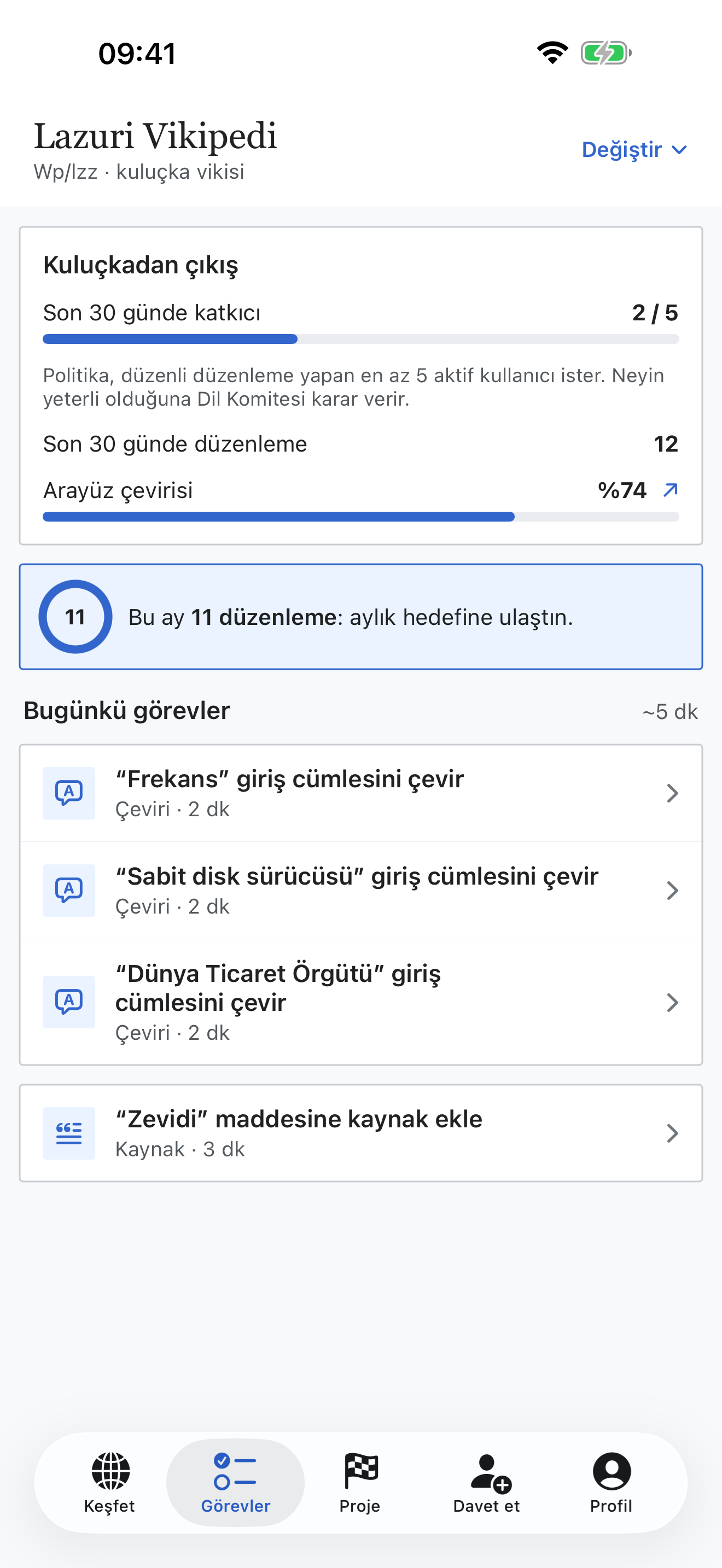 Uygulamanın Lazca Vikipedi için ana ekranı: son 30 gündeki katkıcı sayısı, politikanın istediği beş kişiyle yan yana; kişisel aylık hedef ve bugünkü görevler.