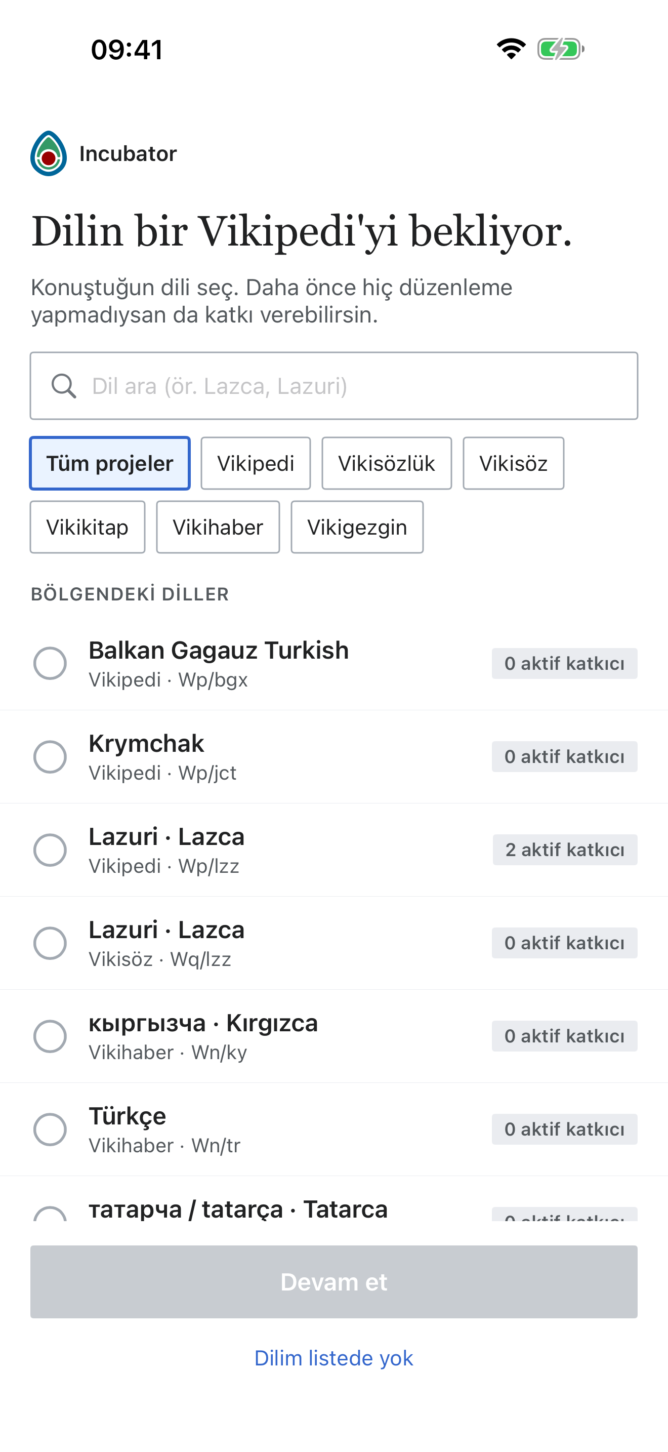 Dil seçimi: arama alanında bir dil kodu, kardeş projeler arasından Vikipedi seçili ve Lazca Vikipedi işaretli.